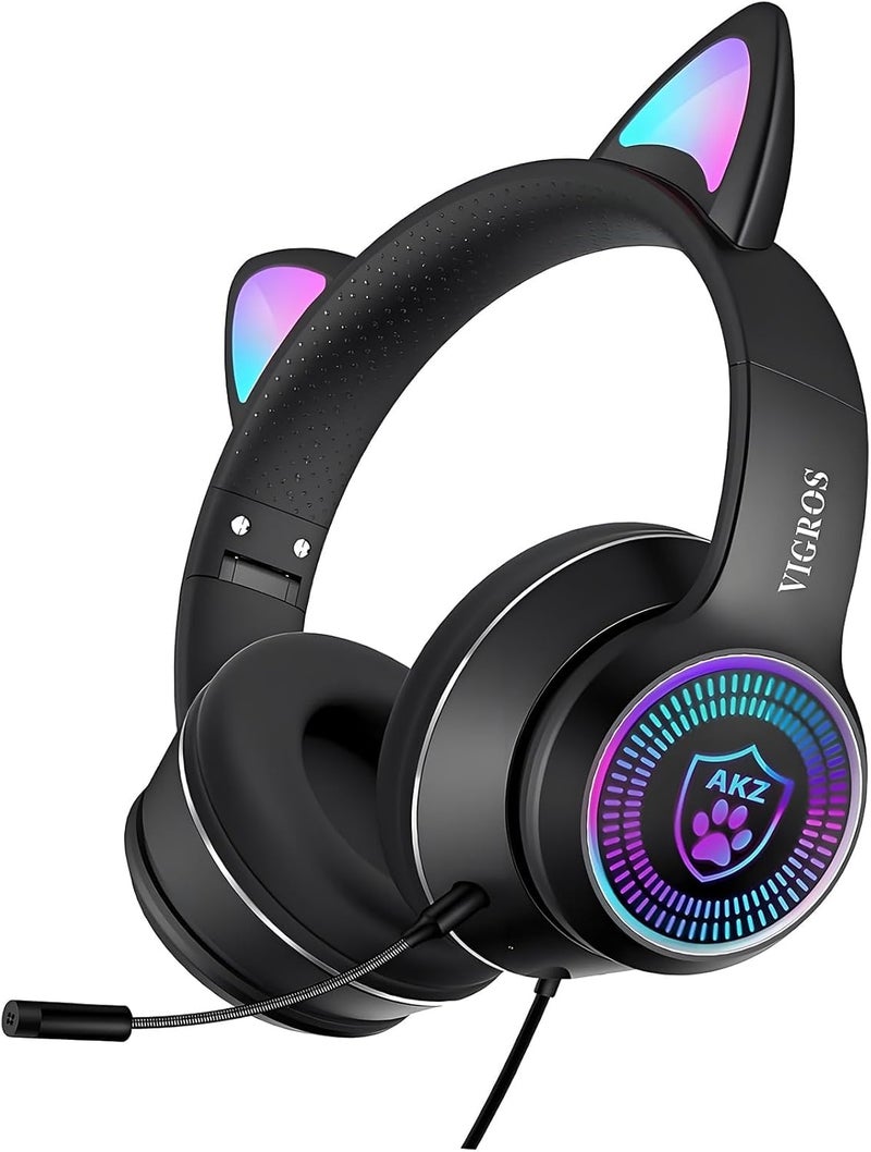 VIGROS Cat Ear Gaming Headphones Wired AUX 3.5mm with LED Light, Flashing Stereo Game Headphones Surround Sound Over-Ear Headsets with Microphone Fit Kids & Adult for PC, PS4, Switch, Mobile, Laptop - Image 1